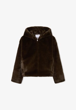 Giacca cappuccio in finta pelliccia marrone con zip frontale, maniche lunghe e una consistenza morbida. Cuciture a sella e un'etichetta con la taglia 'S' visibile all'interno.