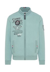 Light blue zip-up jacket made from soft fabric. Features printed text, a stand collar, side pockets, and a tricolor accent on the sleeve.