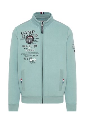 Helle blaue Zip-Jacke aus weichem Stoff. Verfügt über bedruckten Text, einen Stehkragen, Seiten Taschen und einen dreifarbigen Akzent am Ärmel.