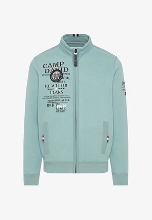Helle blaue Zip-Jacke aus weichem Stoff. Verfügt über bedruckten Text, einen Stehkragen, Seiten Taschen und einen dreifarbigen Akzent am Ärmel.