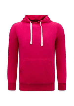 Felroze capuchontrui met witte trekkoorden en een voorzak, getoond tegen een effen witte achtergrond.