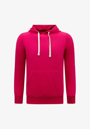 Felroze capuchontrui met witte trekkoorden en een voorzak, getoond tegen een effen witte achtergrond.