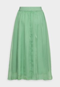 Jupe midi verte, fluide, en tissu léger et transparent, avec une taille élastique et des détails froncés en haut.