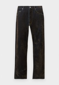 Blugi din denim negru cu o croială dreaptă. Prezintă cusături vizibile, cinci buzunare și sistem de închidere cu un buton metalic. Suprafața are o textură ușor uzată.