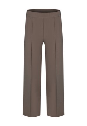 Brown wide-leg trousers with front pleats and a smooth waistband, designed for a relaxed fit.