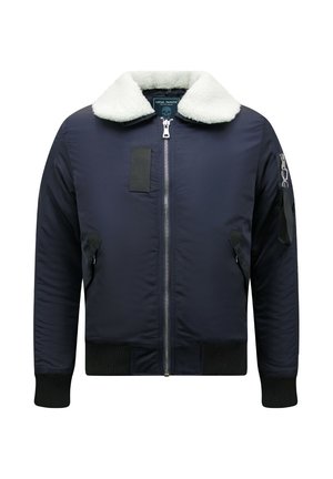 Marineblauwe bomberjack met een witte schapenvachtkraag, ritssluiting, steekzakken en geribbelde manchetten voor een nauwsluitende pasvorm.