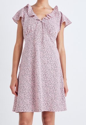 Blumenmusterkleid in Pink und Schwarz. Mit Rüschenshortsärmeln und Rundhalsausschnitt, tailliertem Oberteil und ausgestelltem Rock.