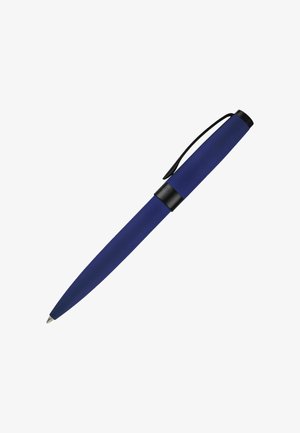 Blue ballpoint pen with black clip and ring on the cap, shown against a white background, tip pointing down-left.
