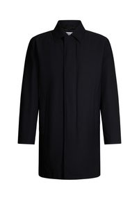 Schwarzer Mantel mit geradem Schnitt, Kragen, langen Ärmeln und seitlichen Taschen aus einem glatten, leichten Stoff.