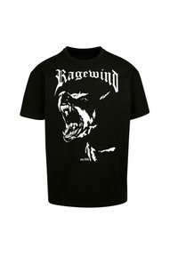 Must musta t-särk, millel on valge graafika kütkestava koera ning bold-tähega "Ragewind" tekst peal. Lihtne ümar kaelus disain.