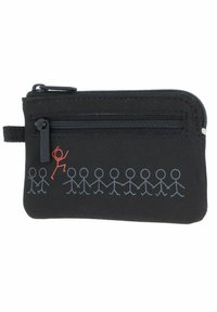 Petite pochette noire zippée avec des personnages bâtons gris se tenant la main et un personnage bâton orange sautant parmi eux.
