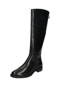 Schwarze kniehohe Lederstiefel mit niedrigem Absatz und dezentem geprägtem Logo nahe der Oberkante.