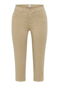 Pantalons court beige en tissu mélangé de coton. Caractérisés par une fermeture à bouton, cinq poches et des passants de ceinture. Texture lisse avec des coutures minimales.