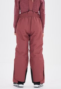 Des pantalons de neige imperméables rouges avec des bretelles réglables, une ceinture élastique et des accents noirs aux chevilles. Tissu lisse et rembourré conçu pour la chaleur.