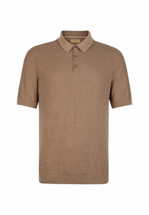 Polo shirt marrone a maniche corte con un motivo a maglia testurizzato, colletto standard e tre bottoni sul collo. Tessuto morbido.