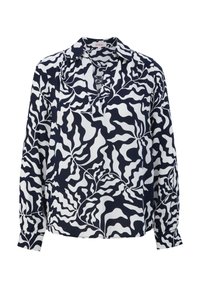 Långärmad blus med svart och vit abstrakt vågig bladdesign och V-ringad krage.