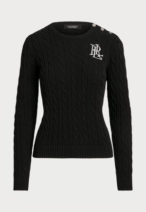 Maglione nero a maglia rasata con orlo e polsini a coste. Presenta un logo decorativo e tre bottoni sulla spalla per un tocco di stile in più.