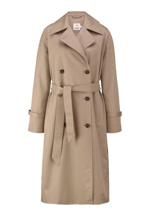 Beige Trenchcoat mit doppelter Knopfleiste, breitenrevers, Bindegürtel und zwei Knöpfen; verfügt über lange Ärmel mit verstellbaren Manschetten.