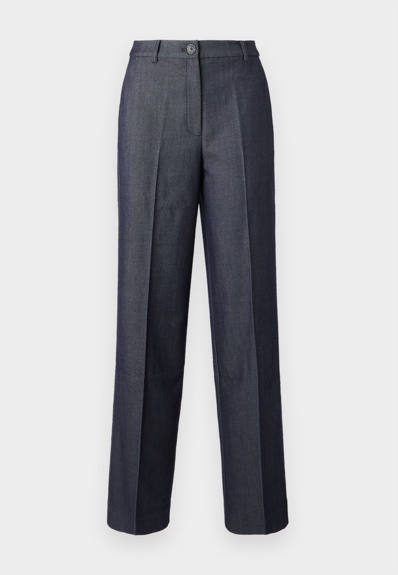 Pantaloni a gamba larga grigio scuro realizzati in tessuto liscio, con chiusura frontale a bottone, pieghe cucite e tasche eleganti.