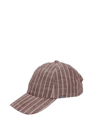 Brown fabric baseball cap with thin white vertical stripes and a small black label on the side reading "bugatti".