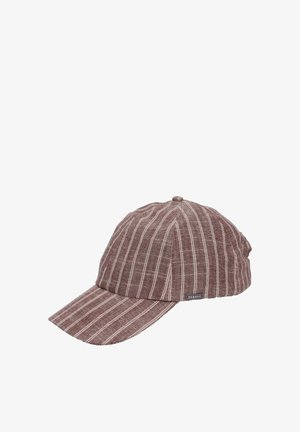Brown fabric baseball cap with thin white vertical stripes and a small black label on the side reading "bugatti".