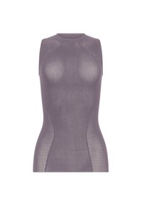 Top senza maniche di colore viola realizzato in un materiale testurizzato simile alla rete, con una silhouette aderente e scollatura rotonda.