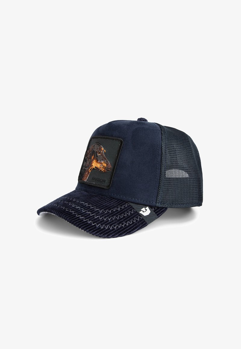 Navy cap with a suede front, mesh sides, and a corduroy brim featuring a dog portrait patch and contrasting stitching details.