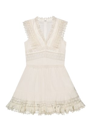 Ærmeløs cremefarvet kjole med dyb V-udskæring, indviklet blondedetalje på skuldre, talje og kant, med lynlås i ryggen og skørt med vidde.