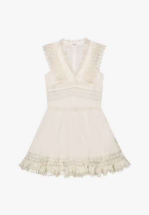 Abito crema senza maniche con scollo a V profondo, rifiniture in pizzo dettagliate sulle spalle, in vita e sull'orlo, con chiusura posteriore con cerniera e gonna svasata.