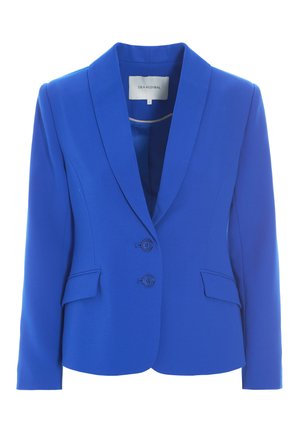 Blue blazer with a shawl collar, two buttons, two flap pockets, and tailored fit. Smooth fabric with a structured design.