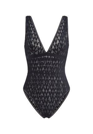 Sort ét-énge swimsuit med V-hals, geometrisk mønster, tekstureret stof og kontrasterende trim langs kanterne.