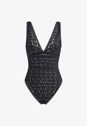 Sort ét-énge swimsuit med V-hals, geometrisk mønster, tekstureret stof og kontrasterende trim langs kanterne.