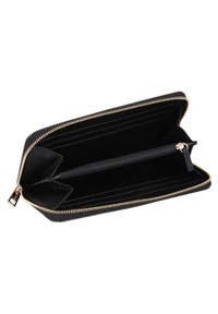 Black leather wallet with gold zipper, featuring multiple card slots, a zippered pocket, and a smooth interior texture.