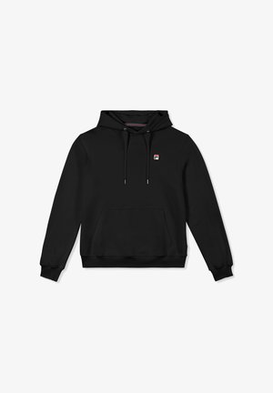 Sort hættetrøje med kængurulomme, snoretræk i hætten og ribbede manchetter. Har et lille logo på venstre brystområde. Blødt stof.