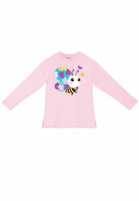 Maglietta a maniche lunghe rosa con una grafica di farfalla e ape dai colori vivaci. Tessuto in cotone morbido con una vestibilità comoda e spacco laterale.