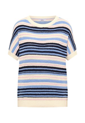 Pull tricoté à manches courtes avec des rayures horizontales crème, bleu, noir et rose, doté d'un col rond et de bords côtelés.