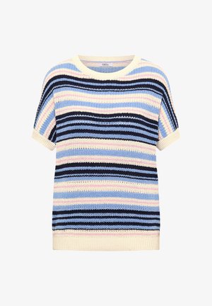 Pull tricoté à manches courtes avec des rayures horizontales crème, bleu, noir et rose, doté d'un col rond et de bords côtelés.
