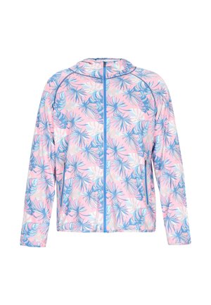 Lillelilletrendiga õhukese materjaliga sinise aktsendiga lillade mustritega jakk roosa taustaga, täispikk tõmblukk ja pikad varrukad.