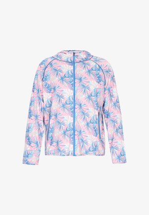 Lillelilletrendiga õhukese materjaliga sinise aktsendiga lillade mustritega jakk roosa taustaga, täispikk tõmblukk ja pikad varrukad.