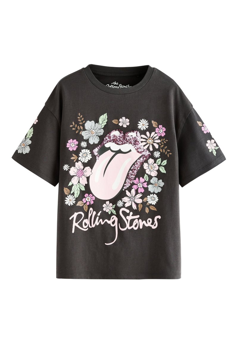 Svart bomullst-shirt med ett blomsterdesign som inkluderar en rosa tunga och glittrande detaljer, märkt med "Rolling Stones" i vit stiliserad text.