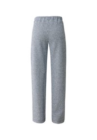 Blauwe en witte geruite broek met een elastische tailleband, gestructureerde vorm en losse pasvorm. De stof lijkt een textuur te hebben met een geweven patroon.