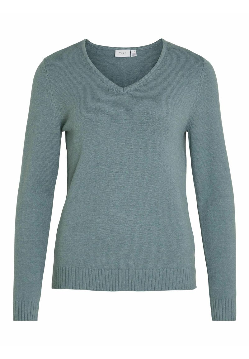 V-ringad tröja i mjukt, texturerat tyg. Har långa ärmar, ribbad nederkant och manschetter. Färgen är dämpad teal. En enkel, klassisk design.
