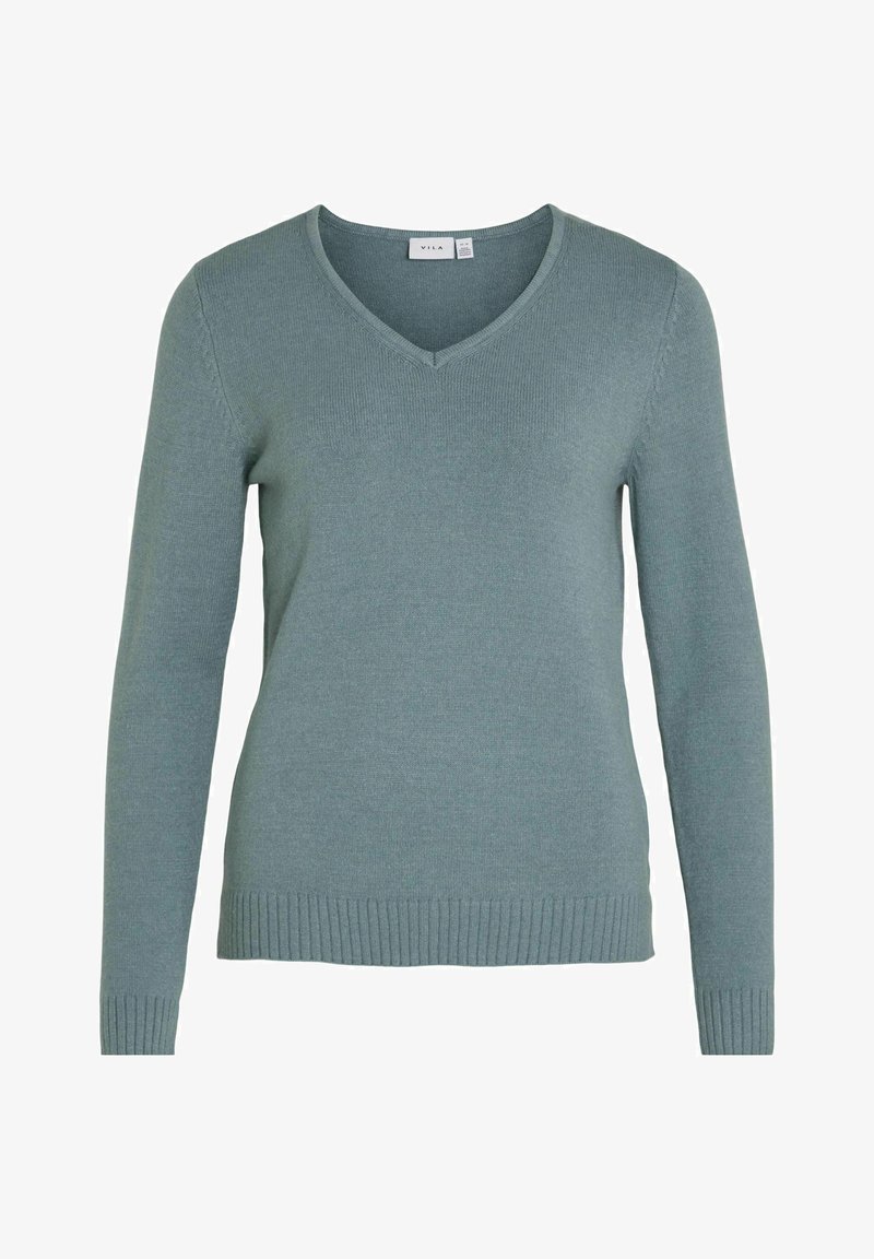 Pull en V en tissu doux et texturé. Doté de manches longues, d'un ourlet et de poignets côtelés. La couleur est un bleu-vert atténué. Design simple et classique.