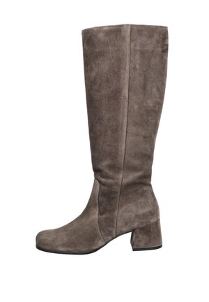 Stivali alti di camoscio marrone, con punta rotonda e tacco largo. Texture liscia, design semplice e silhouette elegante.