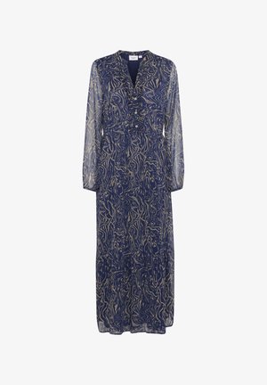 Robe longue bleu marine avec un motif abstrait léger, fabriquée en tissu transparent. Elle présente un décolleté en V et une fermeture à boutons sur le devant.