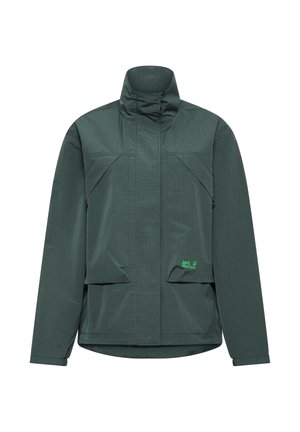 Giacca verde leggera con collo alto, motivo a griglia, tasche con zip e dettaglio logo. Presenta una vestibilità comoda e una texture liscia.