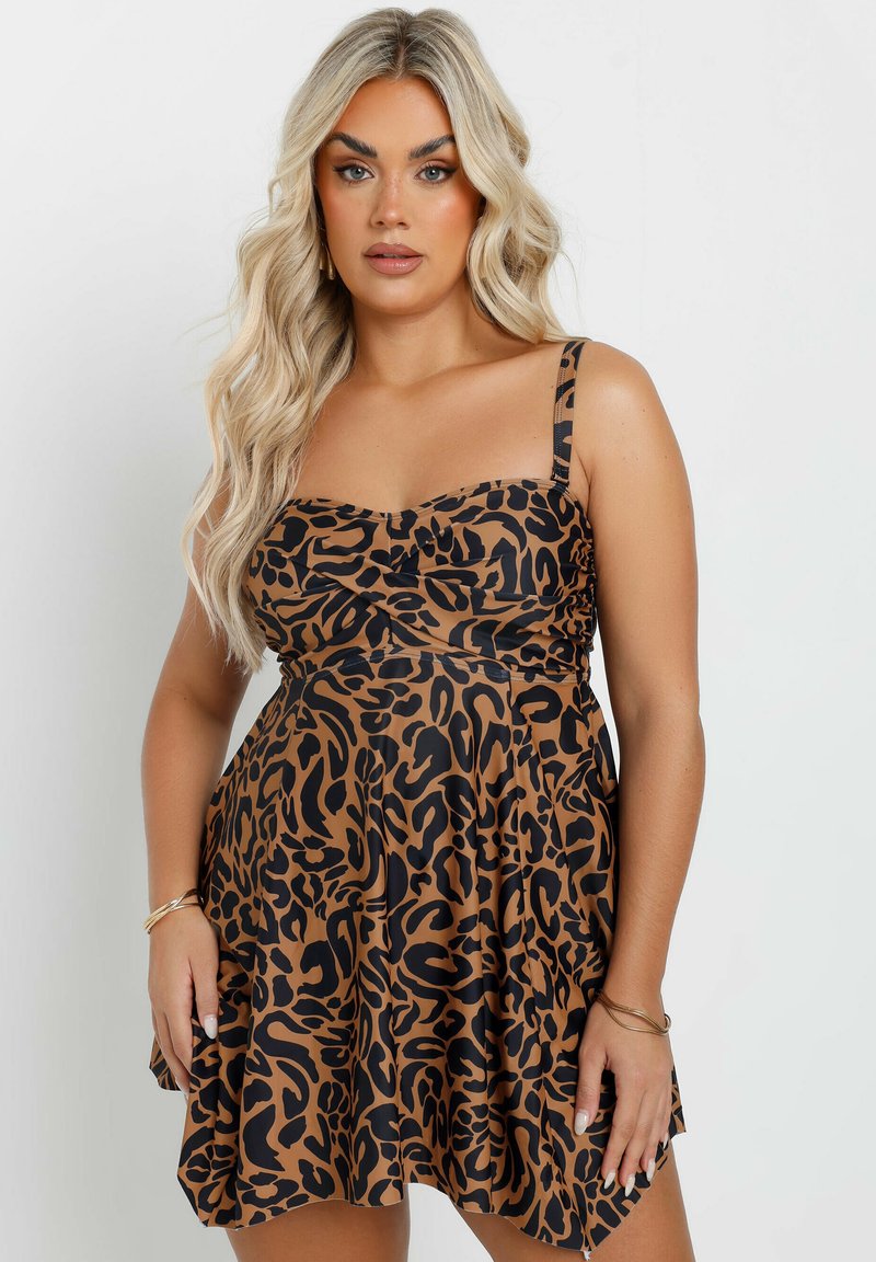 Yours Clothing LEOPARD PRINT TWIST FRONT TANKINI - Bikiniöverdel - brown