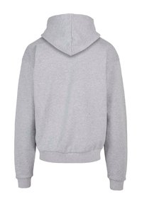 Felpa grigia con cappuccio, dal taglio morbido e rilassato, con polsini e orlo a coste, texture del tessuto morbida e senza loghi o motivi visibili sul retro.