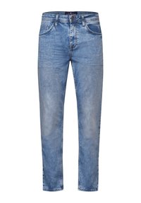 Jeans de denim azul claro con corte recto, cinco bolsillos y detalles de costura en contraste, con cremallera y cierre de botón.