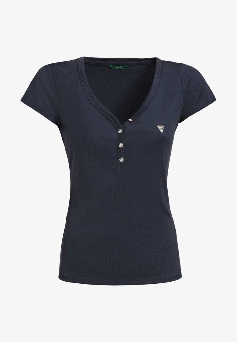 Marineblaue T-Shirts mit kurzen Ärmeln, V-Ausschnitt mit fünf metallischen Knöpfen und kleinem Logo. Hergestellt aus weichem Stoff mit tailliertem Schnitt und glatter Textur.